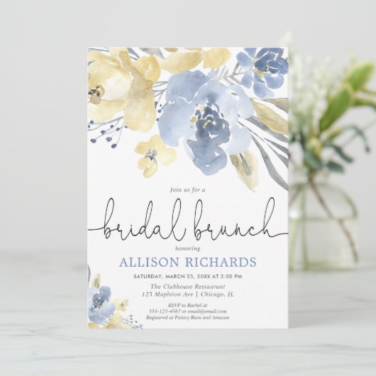 Stoffige blauwe en gele bloemen bruids brunch douc kaart (Staand voorkant)