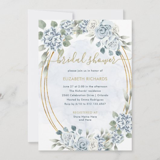 Stoffige Blauwe en Gouden Bloemen | Elegant Vrijge Kaart (Voorkant)