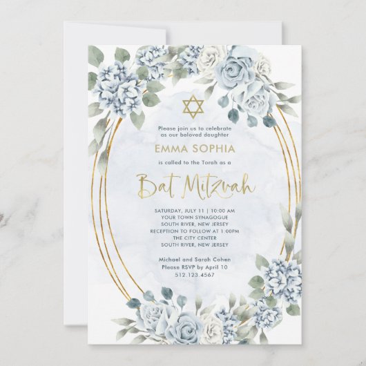 Stoffige Blauwe en Gouden Bloemen | Elegante Bat M Kaart (Voorkant)