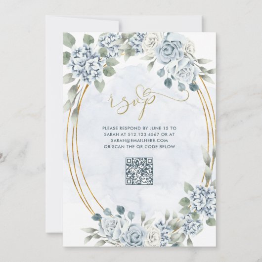 Stoffige Blauwe en Gouden Bloemen | QR-code-Vrijge Kaart (Achterkant)