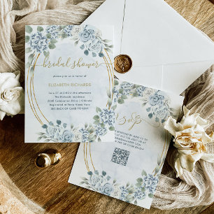 Stoffige Blauwe en Gouden Bloemen   QR-code-Vrijge Kaart