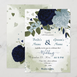 stoffige blauwe en marinebloemen groen huwelijk kaart