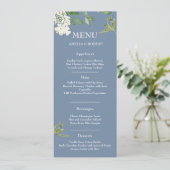 Stoffige blauwe en witte bloemen Bruiloft Menu (Staand voorkant)
