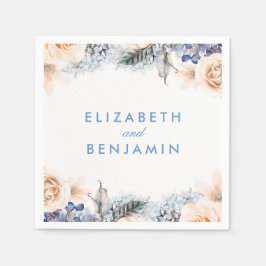 Stoffige Blauwe en Zachte Perzik Bloemen Huwelijk Servet