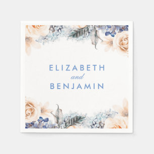 Stoffige Blauwe en Zachte Perzik Bloemen Huwelijk Servet