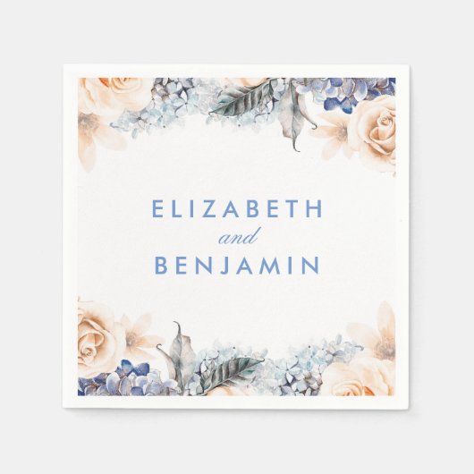 Stoffige Blauwe en Zachte Perzik Bloemen Huwelijk Servet (Voorkant)
