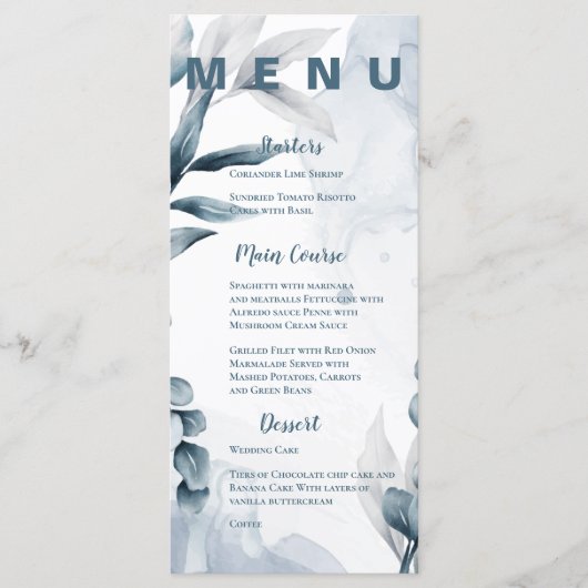  stoffige blauwe eucalyptus verlaat huwelijksfeest menu (Voorkant)