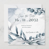 Stoffige blauwe Eucalyptusbladeren Elegante Trouwd Save The Date (Voorkant)