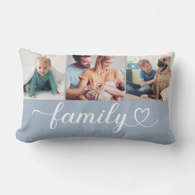 Stoffige Blauwe Familie Hart 3 Foto Collage Kussen (Voorkant)
