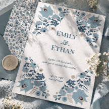 Stoffige Blauwe Folk Bloemige Trouw Uitnodiging