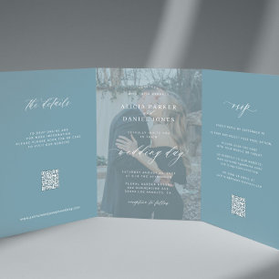 Stoffige blauwe foto bruiloft RSVP details QR code Drieluik Uitnodiging
