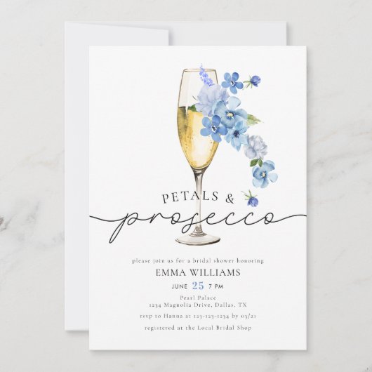 Stoffige Blauwe Fotobloemblaadjes & Prosecco Vrijg Kaart (Voorkant)