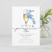 Stoffige Blauwe Fotobloemblaadjes & Prosecco Vrijg Kaart (Staand voorkant)