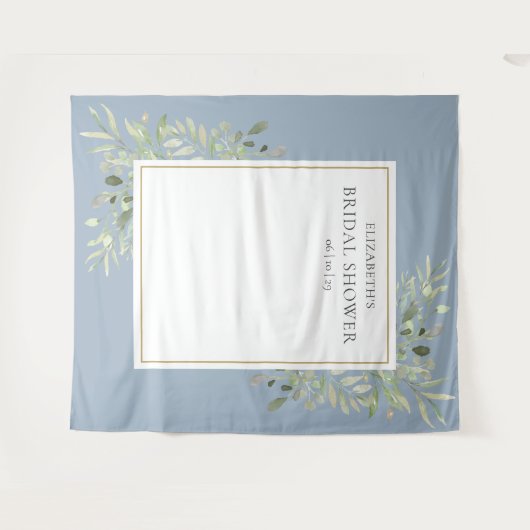 Stoffige blauwe gebladerte bruidsfeest foto achter wandkleed (Voorkant (horizontaal))