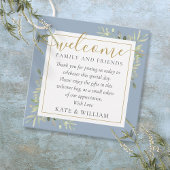 Stoffige blauwe gebladerte trouw welkomstcadeautas bedankjes labels