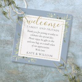 Stoffige blauwe gebladerte trouw welkomstcadeautas bedankjes labels