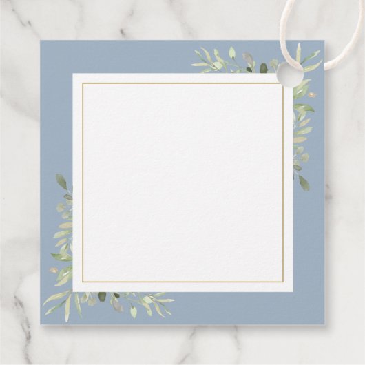 Stoffige blauwe gebladerte trouw welkomstcadeautas bedankjes labels (Achterkant)