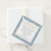 Stoffige blauwe gebladerte trouw welkomstcadeautas bedankjes labels (In situ)