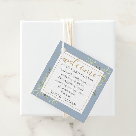 Stoffige blauwe gebladerte trouw welkomstcadeautas bedankjes labels (In situ)