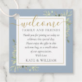 Stoffige blauwe gebladerte trouw welkomstcadeautas bedankjes labels (Voorkant)