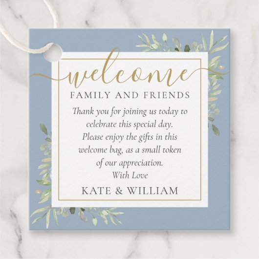 Stoffige blauwe gebladerte trouw welkomstcadeautas bedankjes labels (Voorkant)