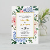 Stoffige blauwe hortensia als pastel roze rozen br folie uitnodiging (Staand Voorkant)