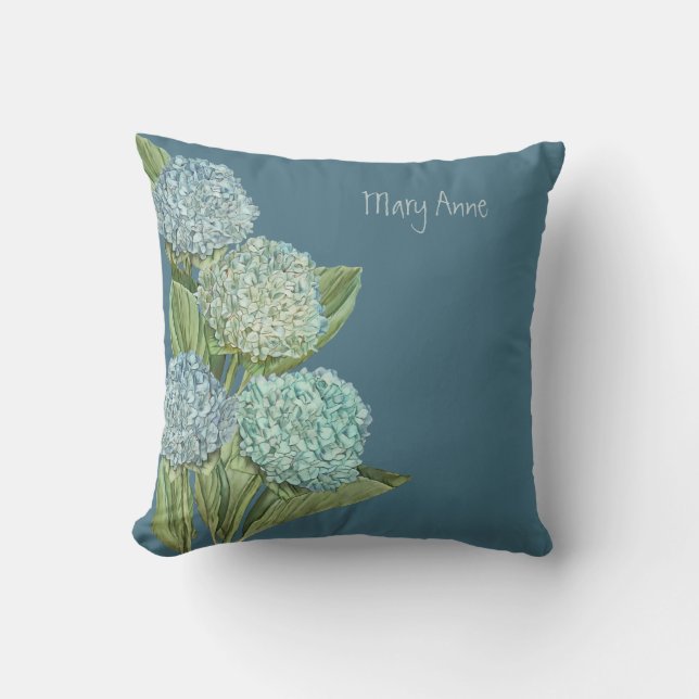 Stoffige Blauwe Hortensia Boeket Kussen (Voorkant)