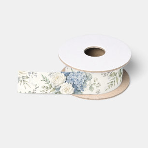 Stoffige Blauwe Hortensia Crème Witte Roos Bloemst Satijnen Lint
