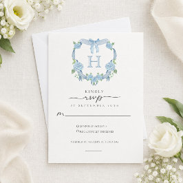 Stoffige Blauwe Hortensia Kuif Monogram Bruiloft RSVP Kaartje