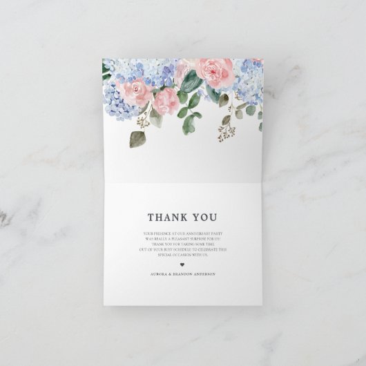 Stoffige blauwe hortensia rozen huwelijksjubileum  bedankkaart (Binnen)