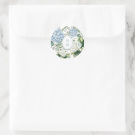 Stoffige Blauwe Hortensia Trouw Monogram Ronde Sticker