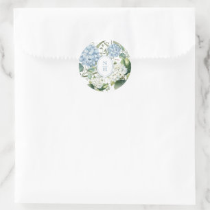 Stoffige Blauwe Hortensia Trouw Monogram Ronde Sticker