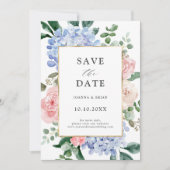 Stoffige blauwe hortensia's pastel roze rozen Foto Save The Date (Voorkant)