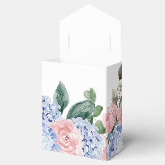 Stoffige blauwe hortensia's pastelroze rozen bruil bedankdoosjes (Geopend)