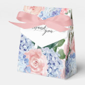 Stoffige blauwe hortensia's pastelroze rozen bruil bedankdoosjes (Voorkant Zijde)
