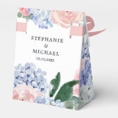 Stoffige blauwe hortensia's pastelroze rozen bruil bedankdoosjes (Achterkant)