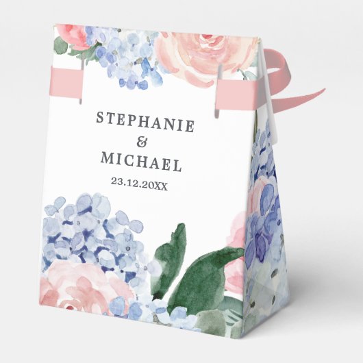 Stoffige blauwe hortensia's pastelroze rozen bruil bedankdoosjes (Achterkant)
