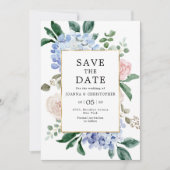 Stoffige blauwe hortensia's pastelroze rozen bruil save the date (Voorkant)