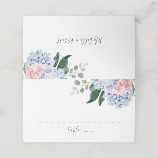 Stoffige blauwe hortensia's roze rozen plaats kaar plaatskaartje (Buitenkant ongevouwen)