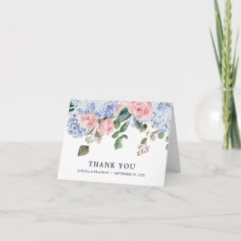 Stoffige blauwe hortensia's rozen huwelijksverjaar bedankkaart