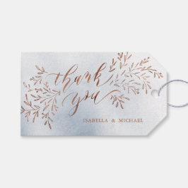 Stoffige blauwe kalligrafie dank u rustieke bloeme cadeaulabel