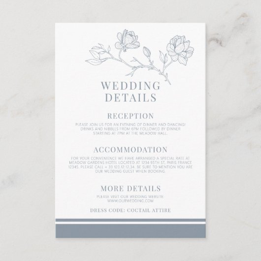 Stoffige blauwe klassieke bloemenbruiloft details  informatiekaartje (Voorkant)