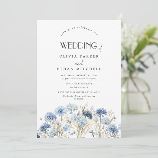 STOFFIGE Blauwe Korenbloem Wildflower Elegante Bru Kaart (Staand voorkant)