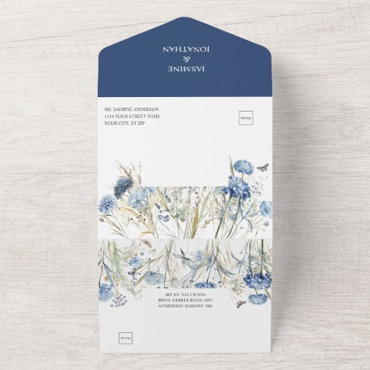 Stoffige blauwe korenbloemen, zoete William bruilo All In One Uitnodiging (Buitenkant)