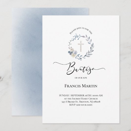 stoffige blauwe krans waterverf Bautizo Invitation Kaart (Voorkant / Achterkant)