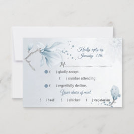 stoffige blauwe magnolia bloemen maaltijdkeuze RSV RSVP Kaartje