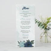 Stoffige blauwe & marine bloemen botanische bruilo menu (Staand voorkant)