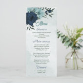 Stoffige blauwe & marine bloemen botanische bruilo menu (Staand voorkant)