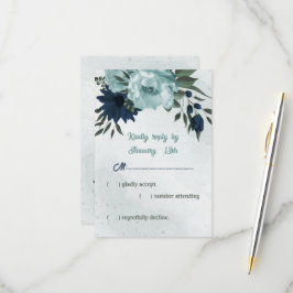 Stoffige blauwe & marine bloemen botanische bruilo RSVP kaartje