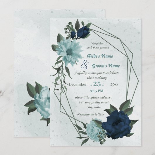 Stoffige blauwe & marine bloemen geometrische brui kaart (Voorkant / Achterkant)